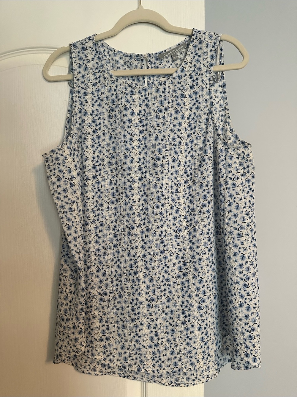 Daniel Rainn Blue and White Floral Lace-Trim Blouse